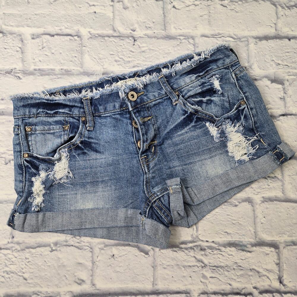 ZCO Jeans Frayed Waist Distressed Exposed Button Fly Midrise Cuff Shorts size 11